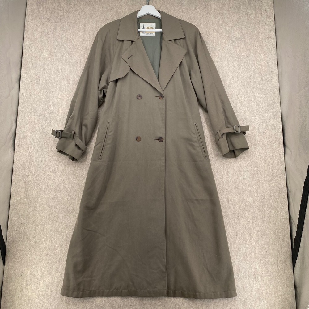 London Fog Vintage Double Breasted Trench Coat Olive Taupe Made in USA Size 12 R